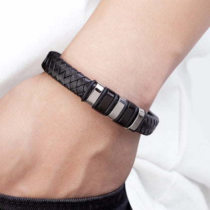 Luxury Braided Rope Leather Stainless Steel Mens Bracelet