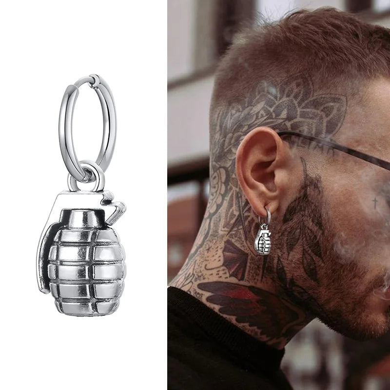 Fun Grenade Shaped Earrings for Men Stainless Steel Hoop Earring