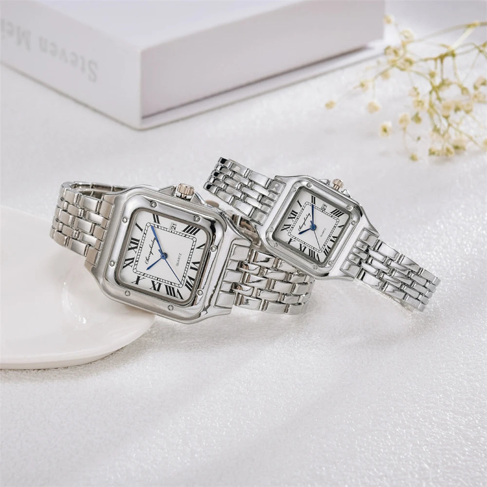 Luxury Womens Square Watch Roman Ladies Quartz Stainless Steel Wristwatch