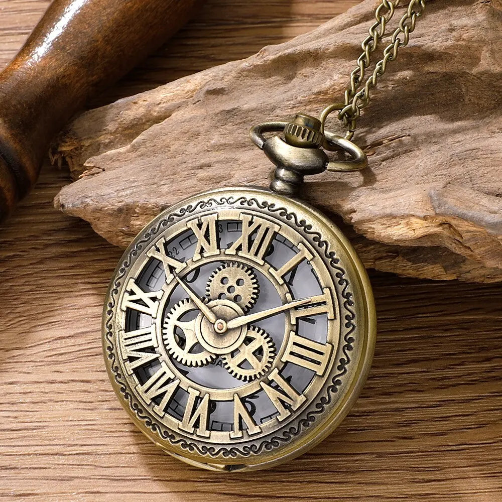 Roman Numerals Quartz Pocket Watch Bronze Case Necklace Pendant