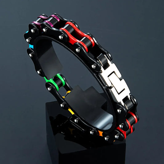 Locomotive Punk Unisex Bracelet Black Stainless Steel Enamel Rainbow Chain