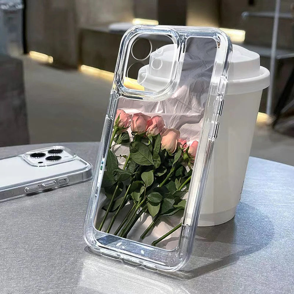 Rose Flower Clear Phone Case For iPhone 16 15 14 Pro Max Shockproof