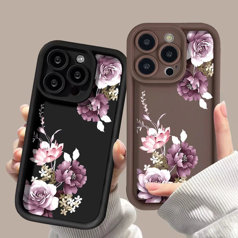 Purple Peony Soft Silicone Phone Bumper Case For iPhone 16 15 14 13