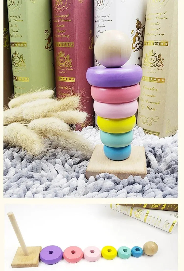 Children Rainbow Tower Ferrule Wooden Toy Stacking Circle Baby Puzzle