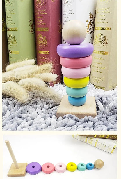 Children Rainbow Tower Ferrule Wooden Toy Stacking Circle Baby Puzzle