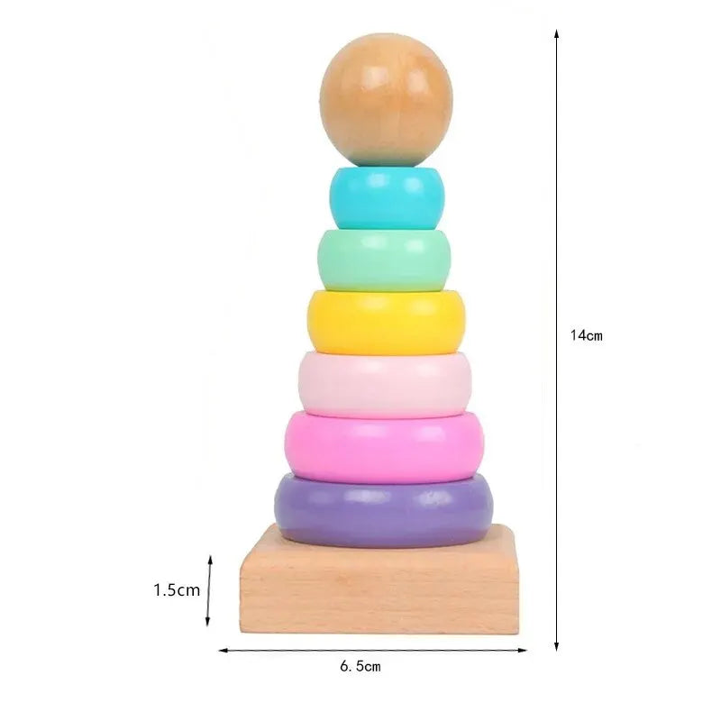 Children Rainbow Tower Ferrule Wooden Toy Stacking Circle Baby Puzzle