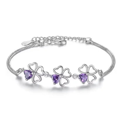 925 Sterling Silver Purple Crystal Lucky Clover Womens Bracelets