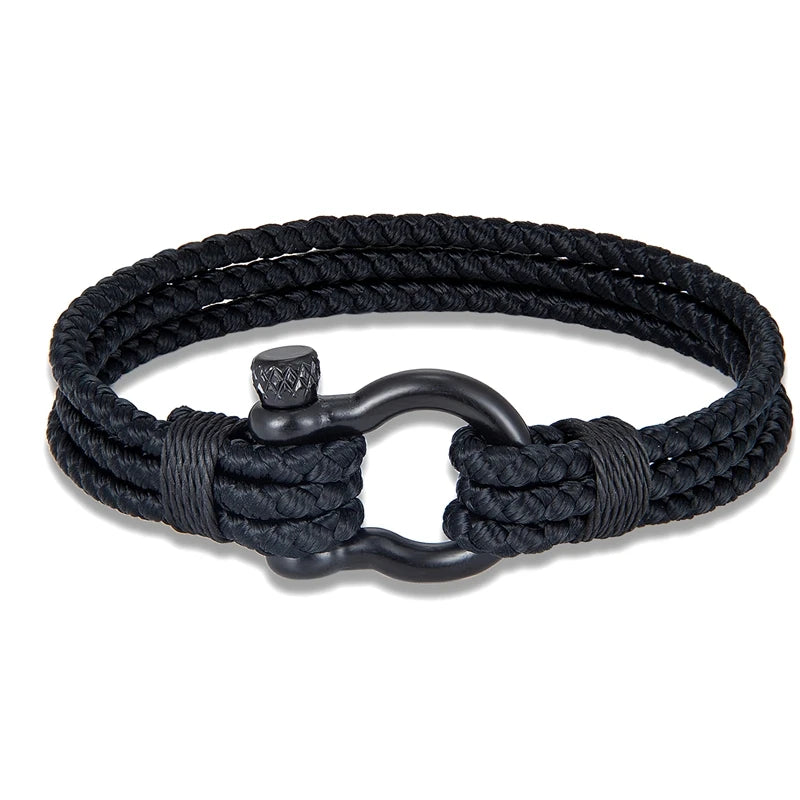 Mens Black Stainless Steel Horseshoe Buckle Keel Rope Bracelet