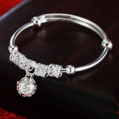 925 Sterling Silver Hollow Bells Ball Bangles Bracelets for Women