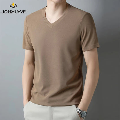 Mens Waffle V Neck Short Sleeved T-shirt Summer Comfortable Top