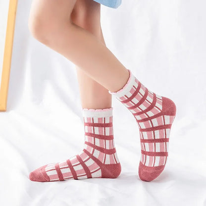 5 Pairs Pink Flower Knit Warm Kids Socks For Girls