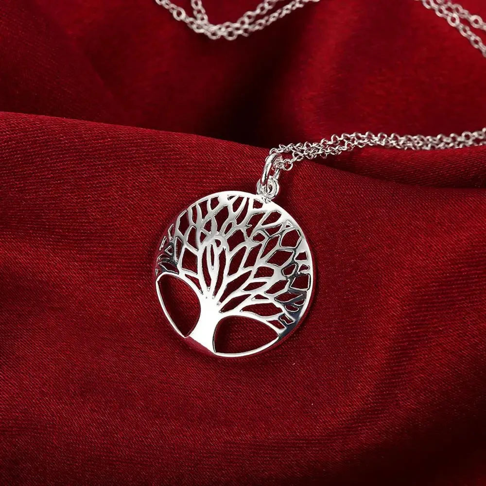 925 Sterling Silver Charm Round Tree Pendant Necklace For Women