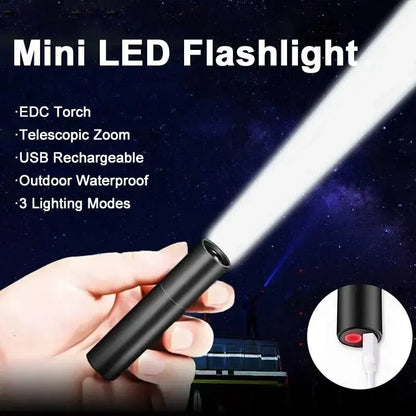 Mini Telescopic Zoom Flashlight Torch USB Rechargable