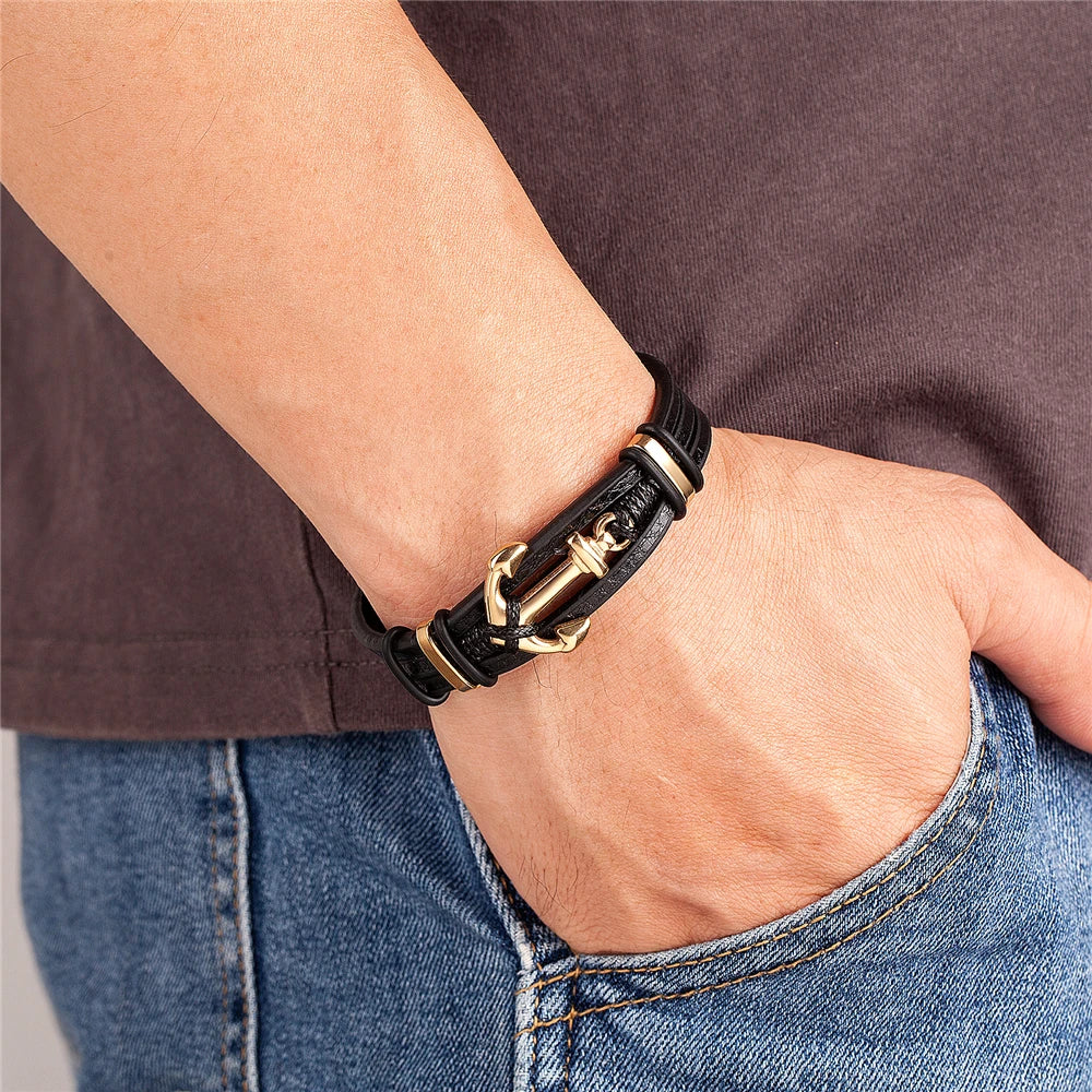 Punk Stainless Steel Anchor Bracelets Genuine Leather Mens Bracelet