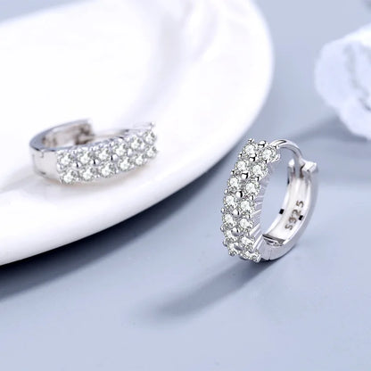 925 Sterling Silver Needle Earrings Double Row Crystal Zircon