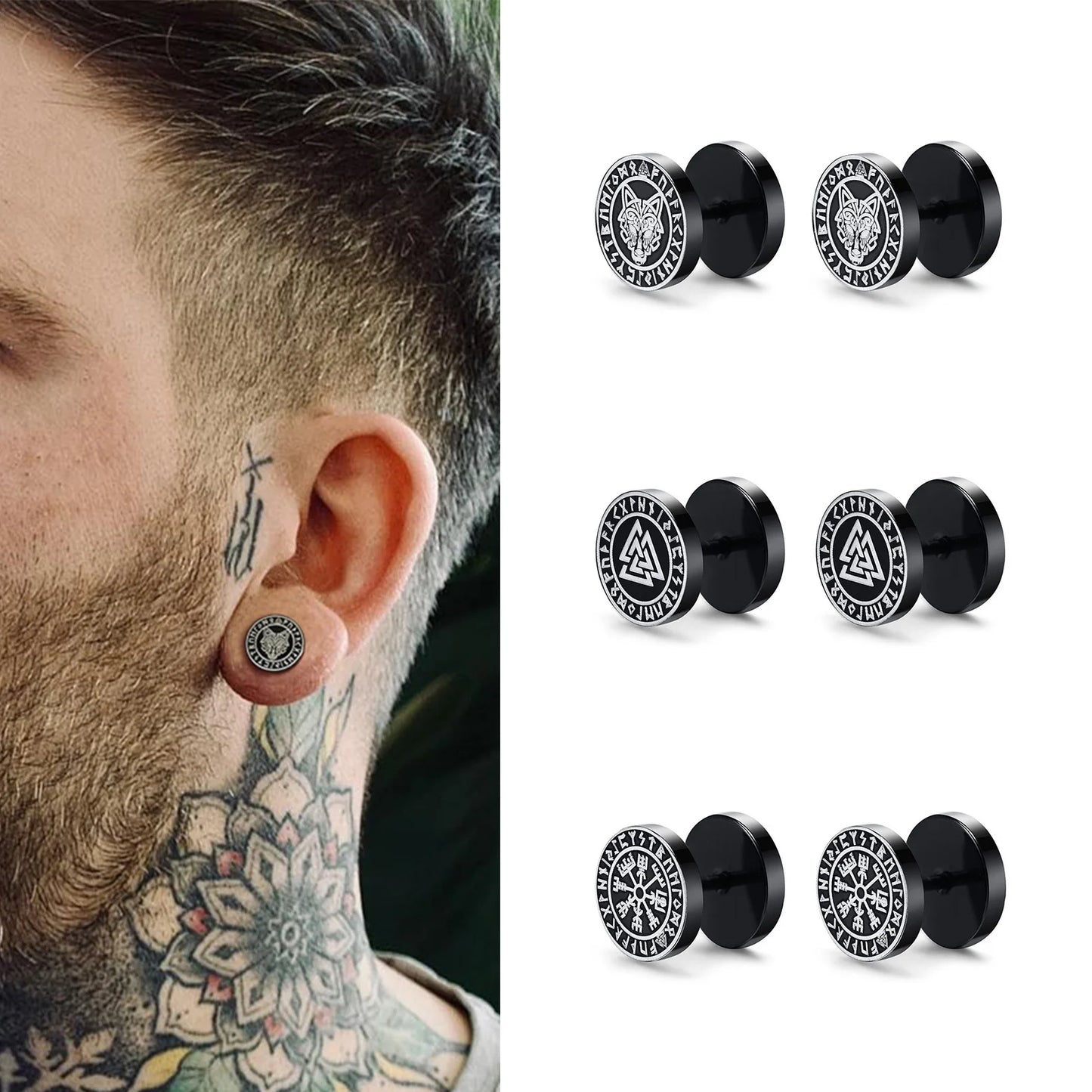 Gothic Norse Viking Runes Stud Earrings for Men Rock Punk Stainless Steel