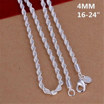 Women Men Fashion 925 Silver Charm 4MM Rope Chain Necklace