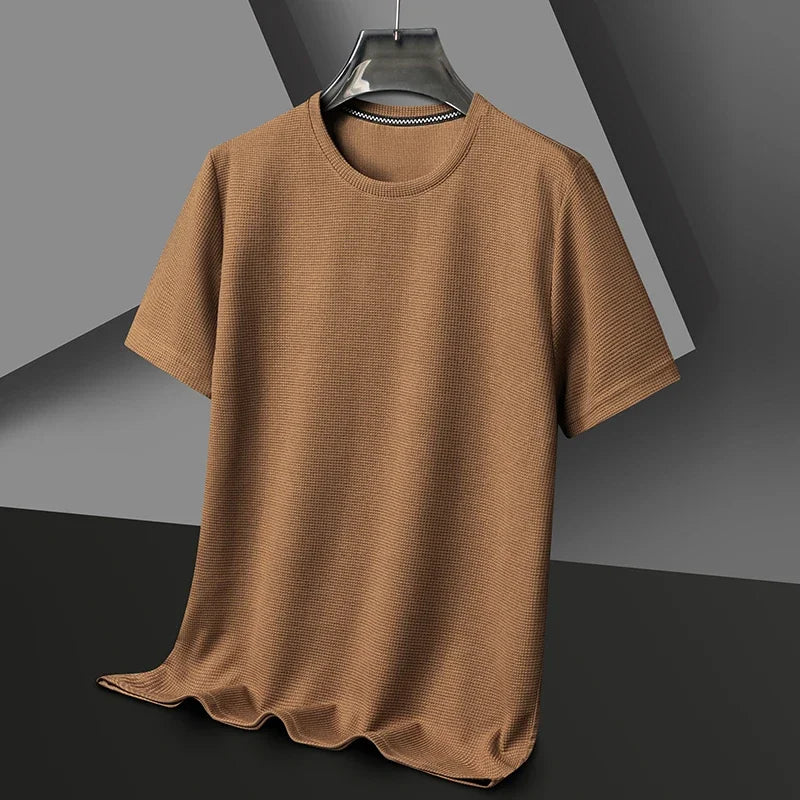 Summer Waffle Round Neck Mens Short Sleeved T-shirt