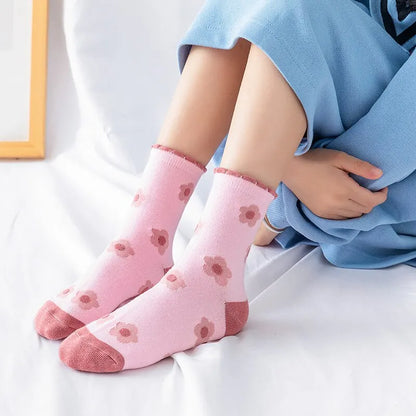 5 Pairs Pink Flower Knit Warm Kids Socks For Girls