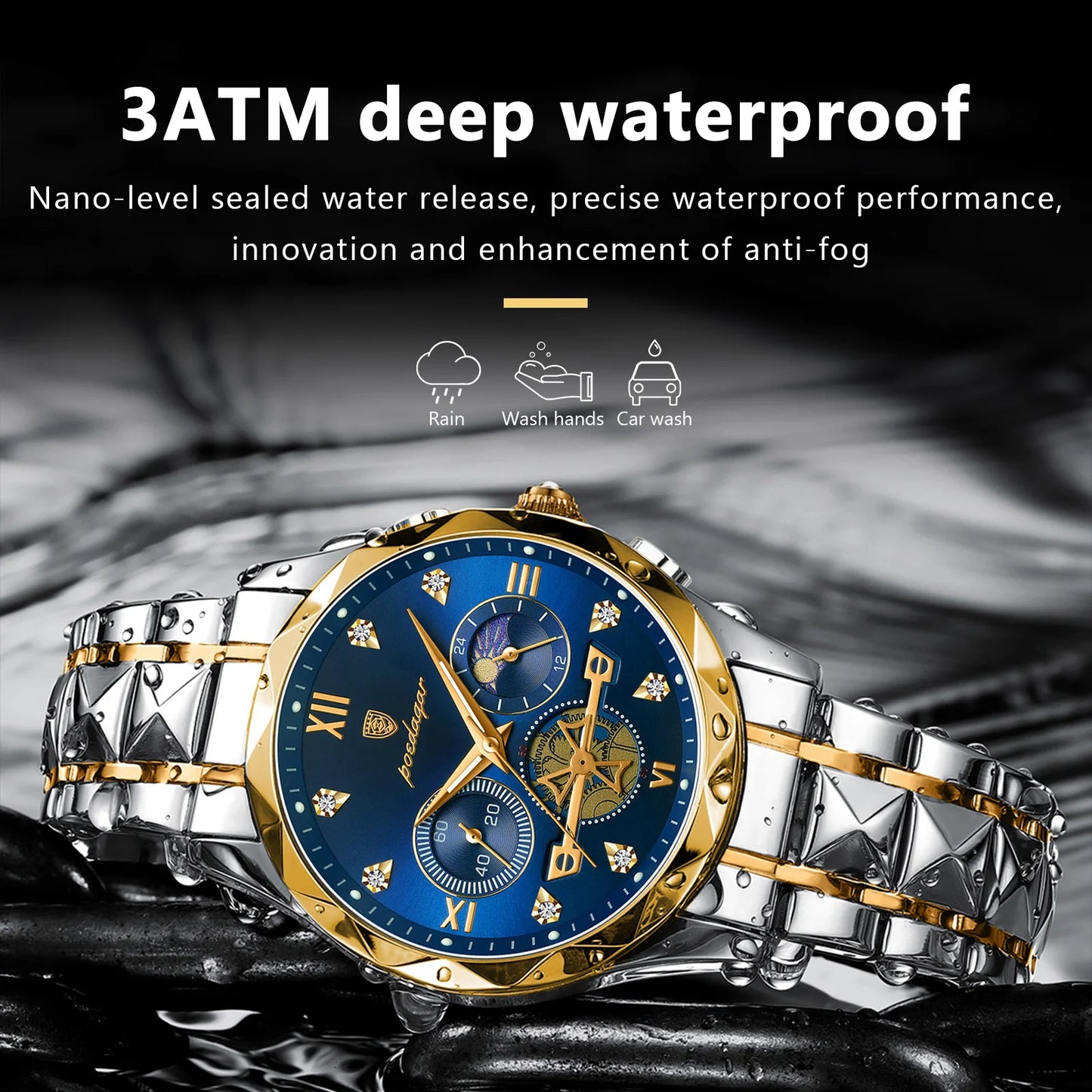 Mens Quartz Watch Waterproof Luminous Chronograph Stainless Steel