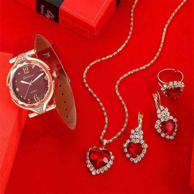 5pcs Set Womens Leather Band Ladies Watch Jewelry Set