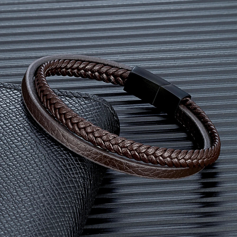 Minimalist Men Double Strand Woven Leather Bracelet Stainless Steel Buckle