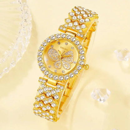 Womens Butterfly Dial Watch Steel Bracelet Watch Quartz Set