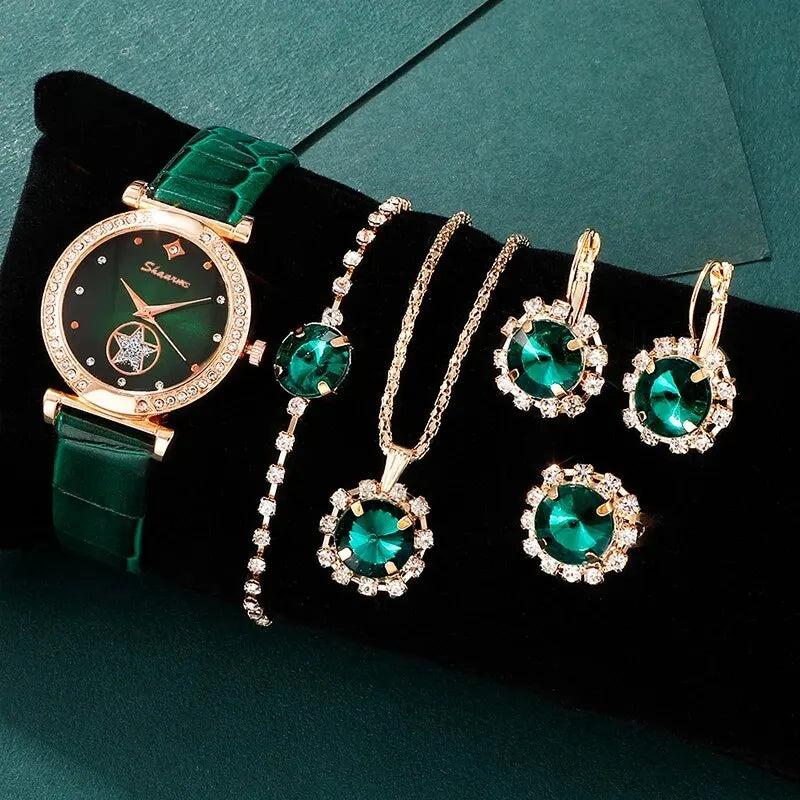 6PCS Set Green Quartz Watch Womens Jewelry Set