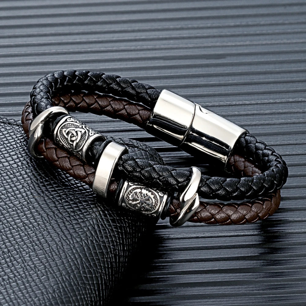 Punk Viking Style Stainless Steel Beads Braided Multilayer Leather Bracelet