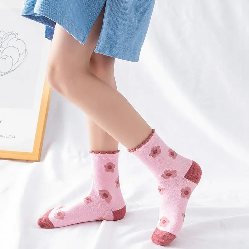 5 Pairs Pink Flower Knit Warm Kids Socks For Girls