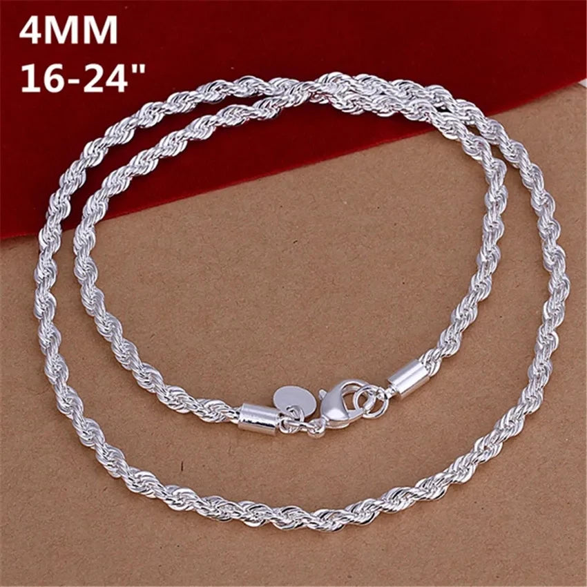 Women Men Fashion 925 Silver Charm 4MM Rope Chain Necklace