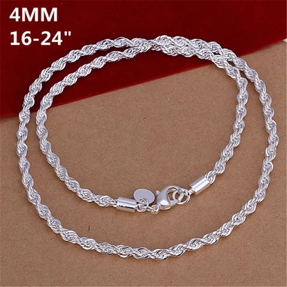 Women Men Fashion 925 Silver Charm 4MM Rope Chain Necklace