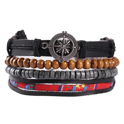 4pcs Set Braided Wrap Leather Mens Bracelet Ethnic Tribal Wristband