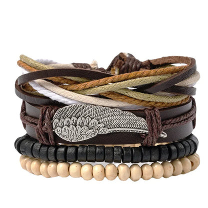 4pcs Set Braided Wrap Leather Mens Bracelet Ethnic Tribal Wristband