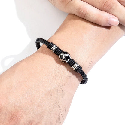 Mens Stainless Steel Button Football Ball Charm Leather Bracelet