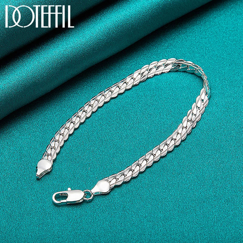 925 Silver Bracelet 6mm Flat Side Chain Lobster Clasp For Woman Man