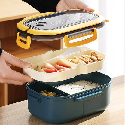 Portable Double Layer Lunch Box Microwaveable With Fork And Spoon