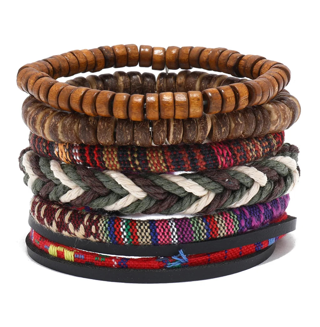 4pcs Set Braided Wrap Leather Mens Bracelet Ethnic Tribal Wristband