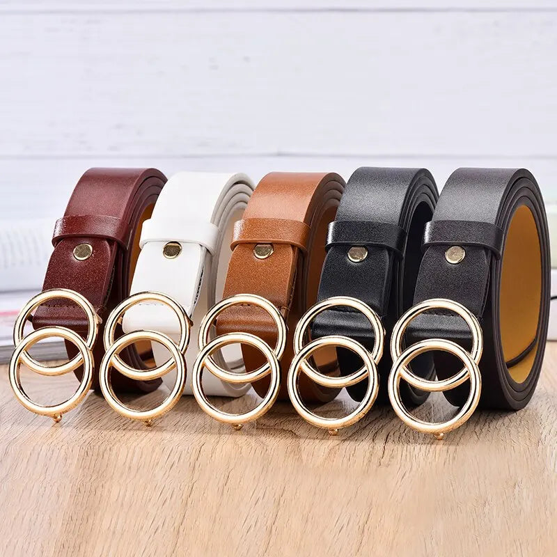 Womens Belt Trend Double Round Buckle Belt