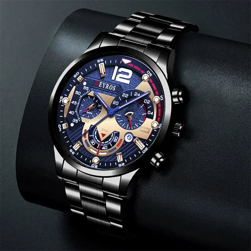 Mens Stainless Steel Watch Quartz Wristwatch Calendar Luminous