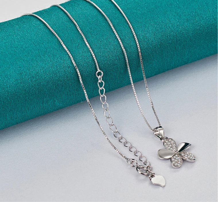 925 Sterling Silver Petal Pendant Necklace Full AAA Zircon Chain For Woman
