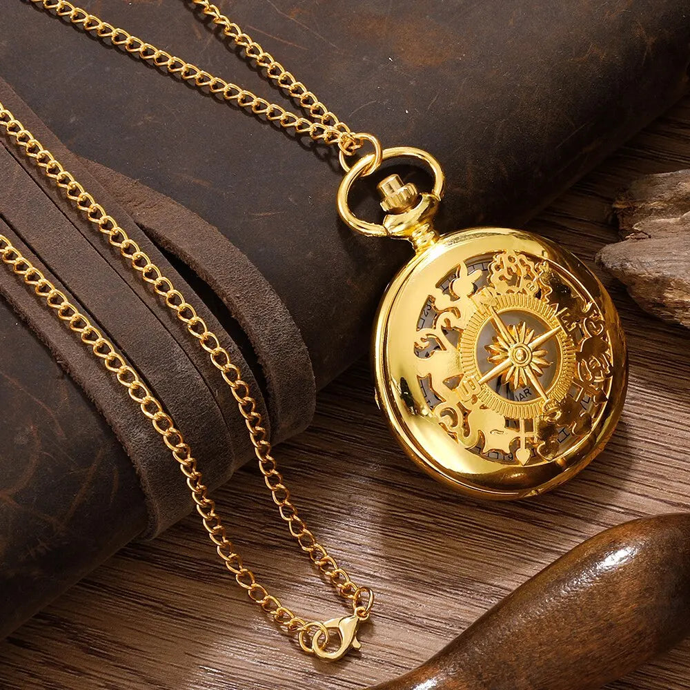 Arabic Numerals Quartz Pocket Watch Gold Case Necklace Pendant