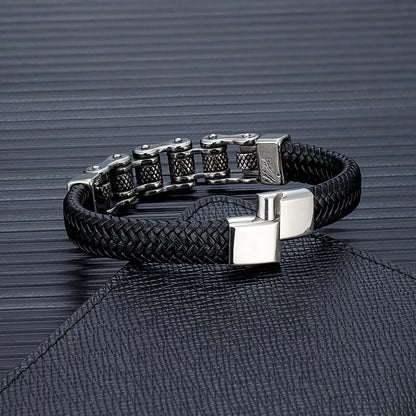 Punk Men Biker Chain Braided Leather Bracelet Stainless Steel Magnetic Buckle