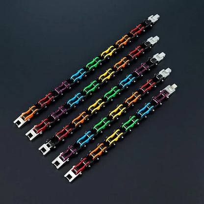 Locomotive Punk Unisex Bracelet Black Stainless Steel Enamel Rainbow Chain