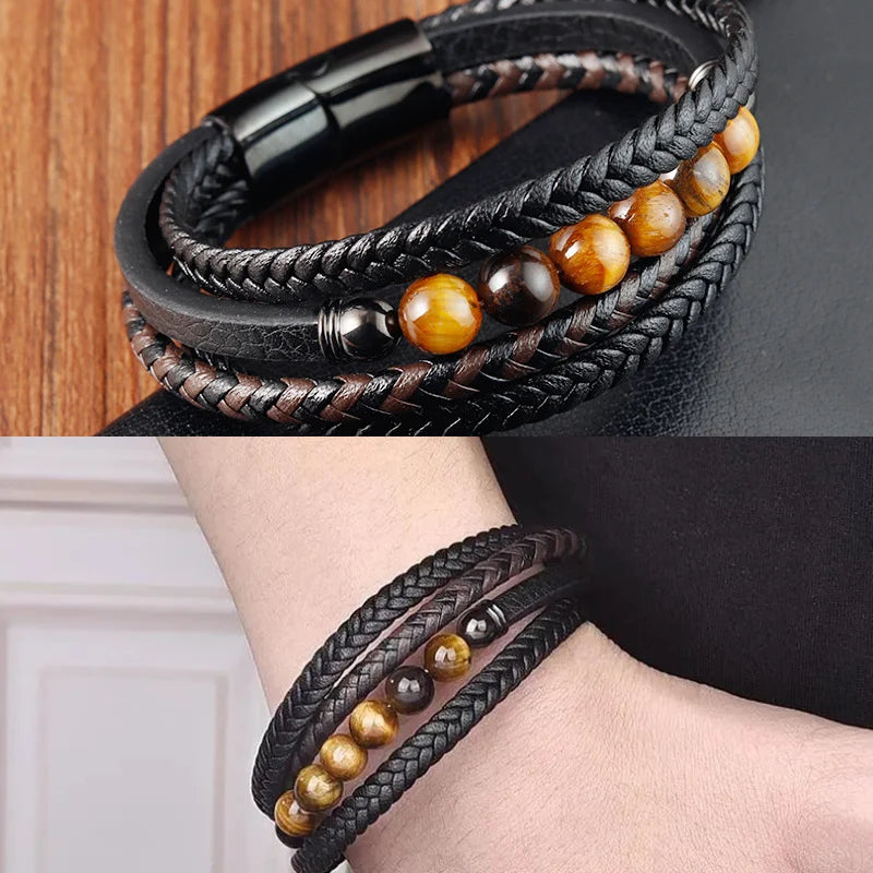 Charm Braid Rope Leather Bracelet For Mens Stainless Steel Magnetic Buckle