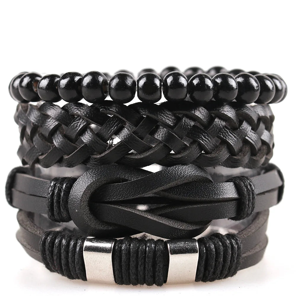 4pcs Set Braided Wrap Leather Mens Bracelet Ethnic Tribal Wristband