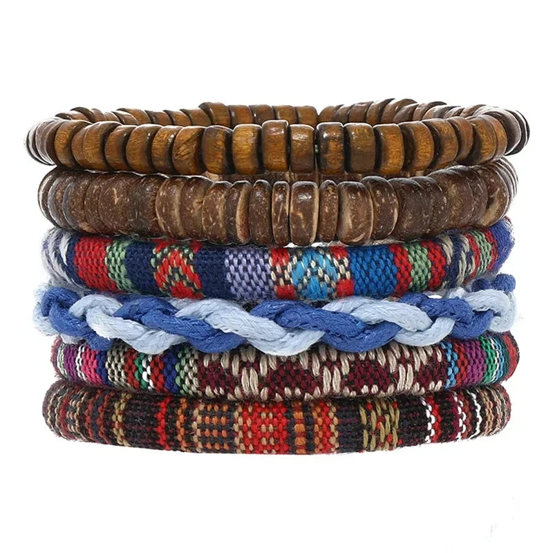 4pcs Set Braided Wrap Leather Mens Bracelet Ethnic Tribal Wristband