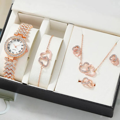 6pc Dainty Quartz Watch With Heart Jewelry Set For Womens