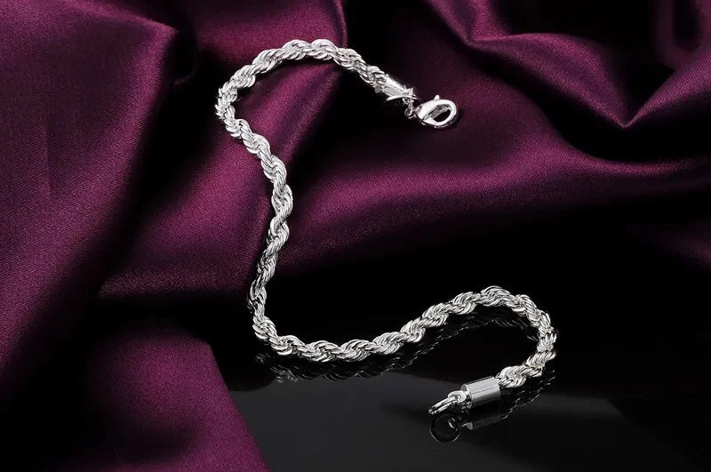 925 Sterling Silver Bracelet for Unisex 4MM Twisted Rope Chain