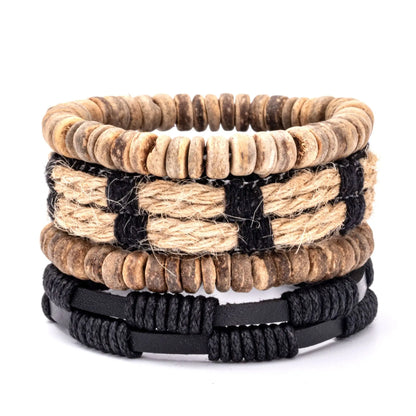 4pcs Set Braided Wrap Leather Mens Bracelet Ethnic Tribal Wristband